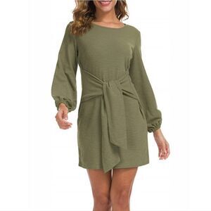 NWT Lionstill Army Green Casual Dress Long Sleeve Tie Wrap Waist Mini Dress